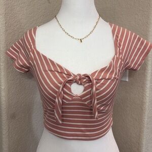 Shein pink ribbed striped knot cut out short sleeve crop top Size S